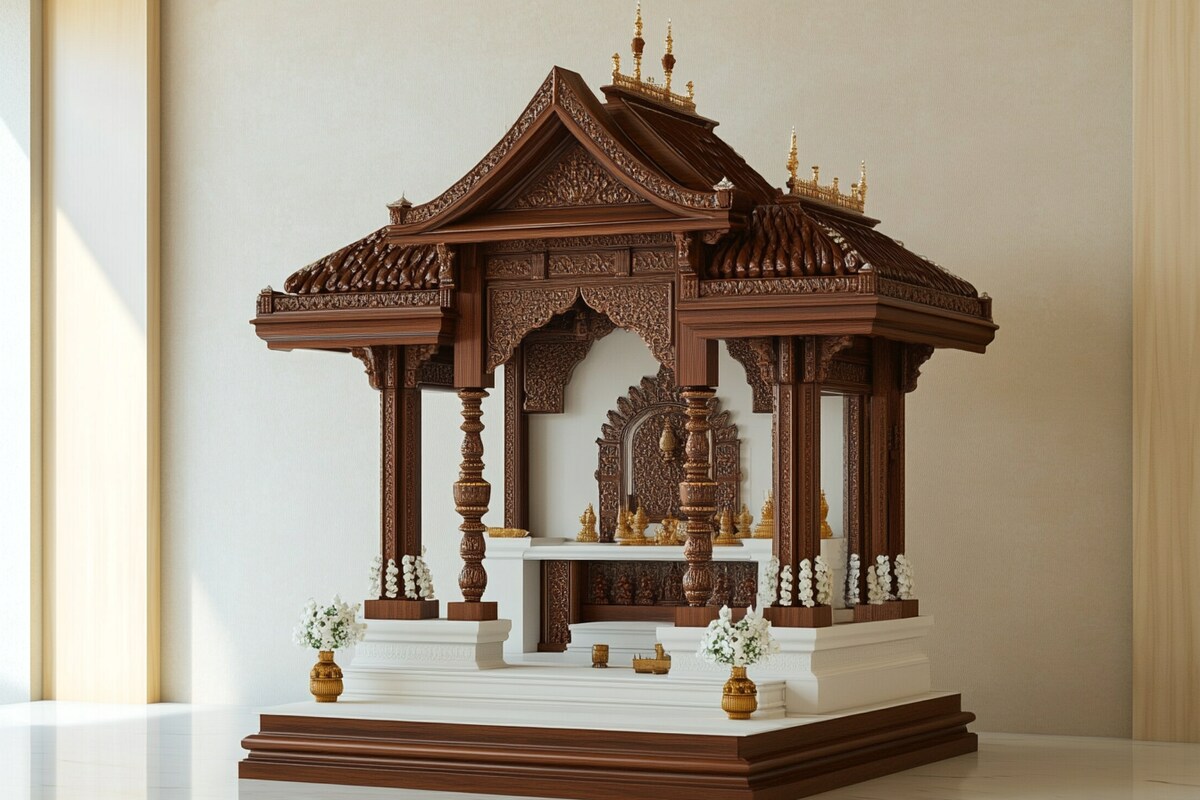 Contemporary Mandir Design In White And Brown With Two-Tier Platform Contemporary Mandir Design In White And Brown With Two-Tier Platform