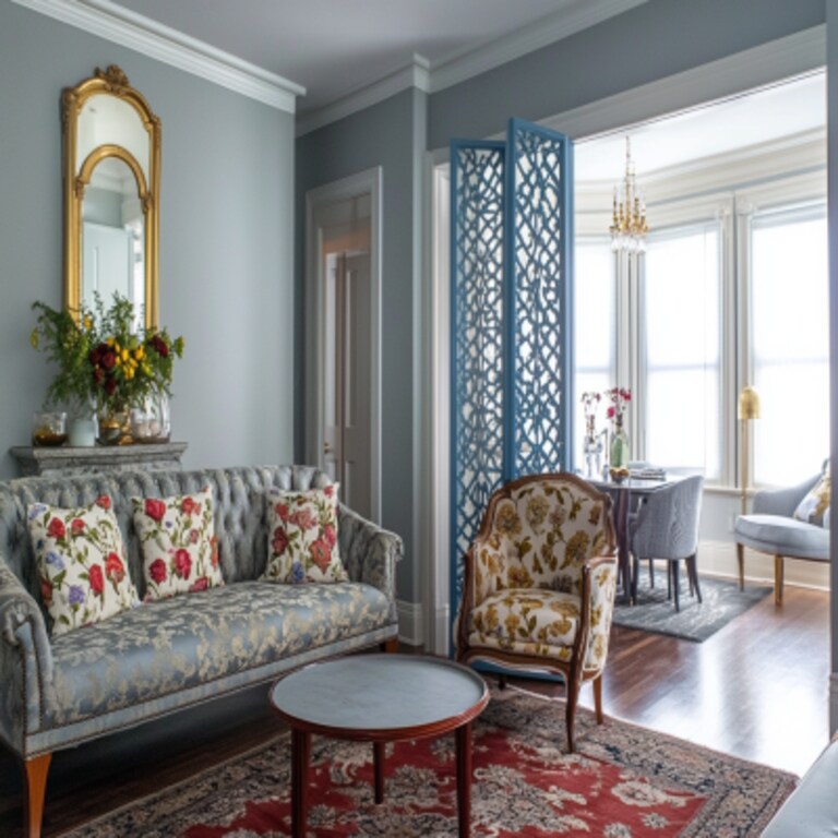 Traditional Grey Living Room Design With Abstract Floral Seaters And Blue Partition