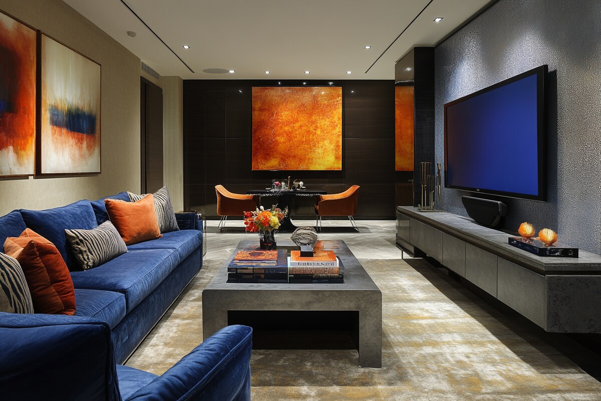 Contemporary Living Room Design With Blue Loveseat Sofa And A Grey Textured TV Console