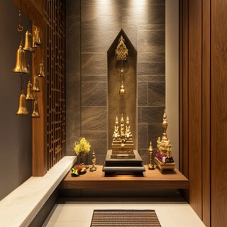 Modern Mandir Design With Wall Stone Tiles And Wooden Partition