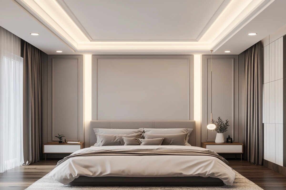 Mid-Century Modern Single-Layer White POP Bedroom Ceiling Design