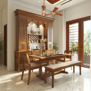 Classic 4-Seater Wooden Dining Room Design With Brown Bench And Integrated Wooden Mandir Unit