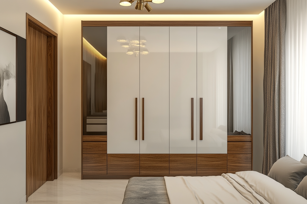 Modern 4-Door White And Wood Swing Wardrobe Design With Frosted Glass Shutters