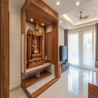 Contemporary Open Wall-Mounted Mandir Design With Acacia Laminates