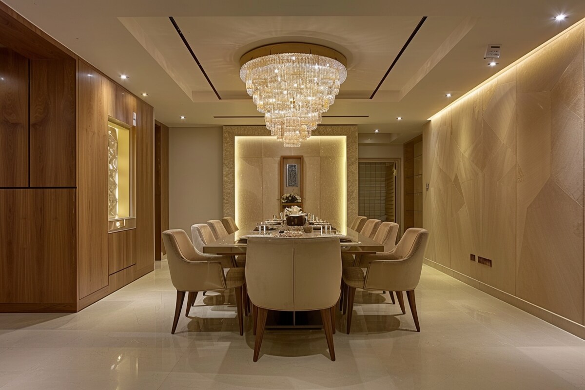 Contemporary 4-Seater Wood And Beige Dining Room Design With Ornamental Chandelier