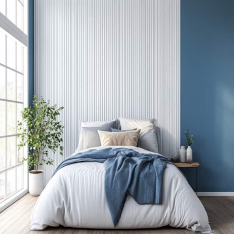 Minimal Glam Wall Design With Blue Accent Wall And White Fluted Panels