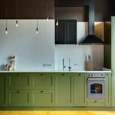 Olive Green Modular Kitchen with Functional Storage