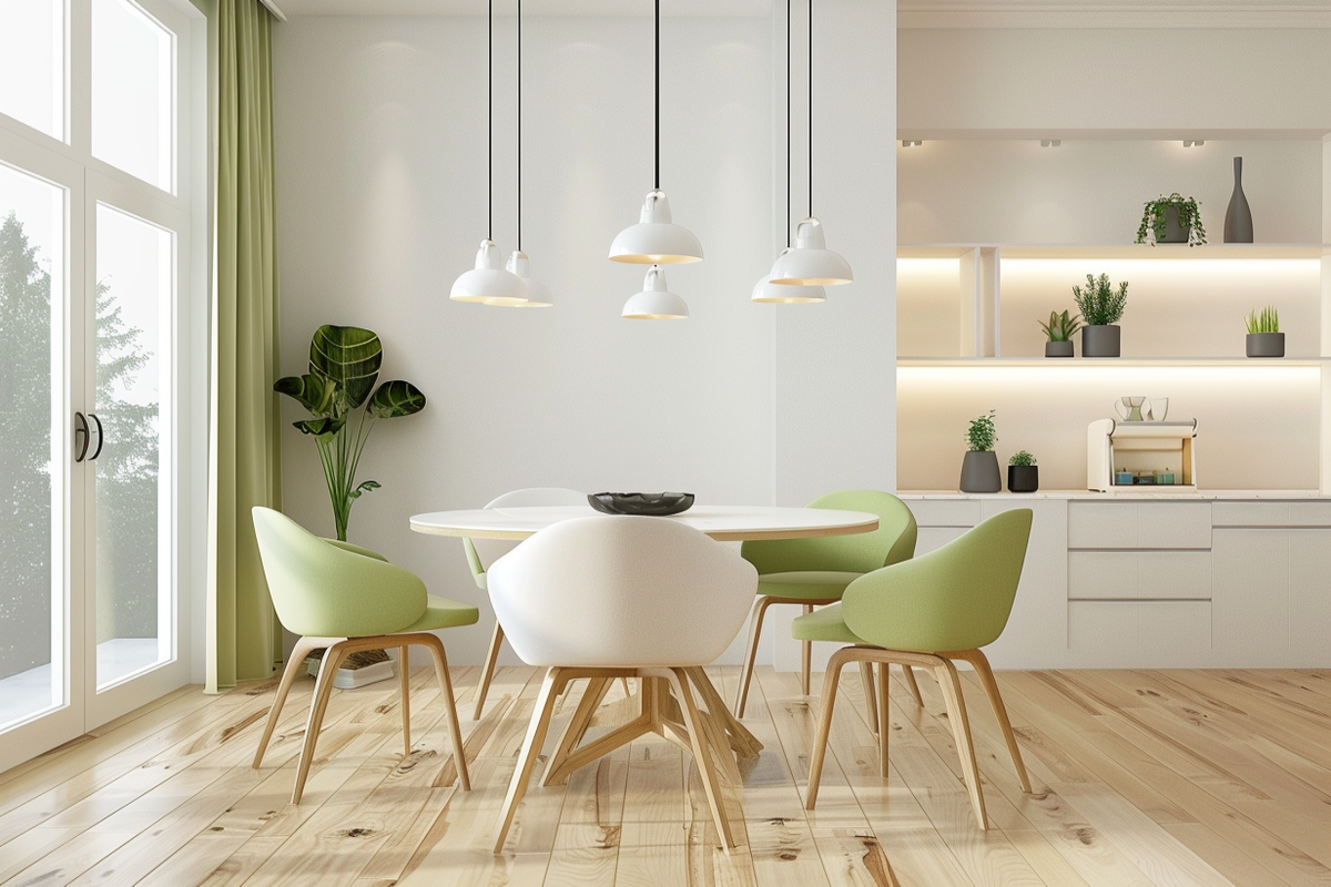 Contemporary 6-Seater Round White And Light Green Dining Room Design