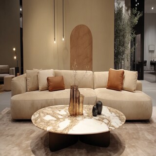 Contemporary Living Room Design with Beige Sofa and Marble Coffee Table