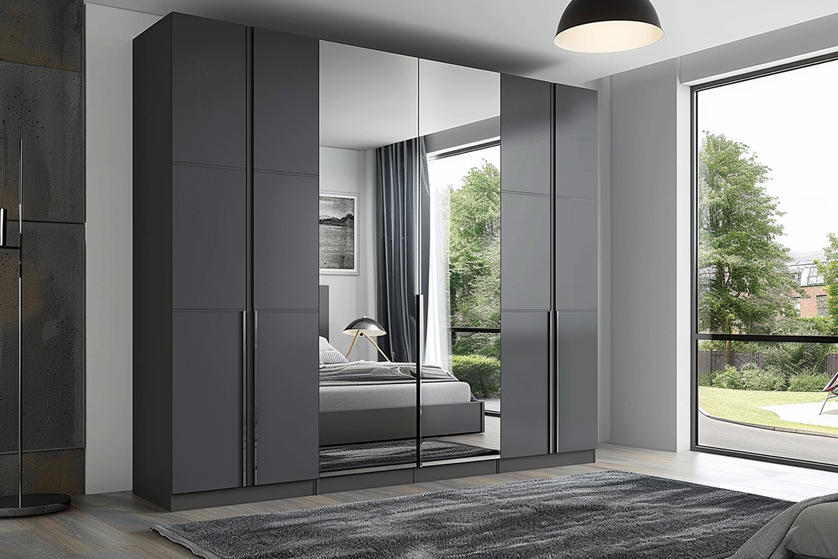 Modern 5-door Pumic Grey Swing Wardrobe Design With Mirror And Loft Storage