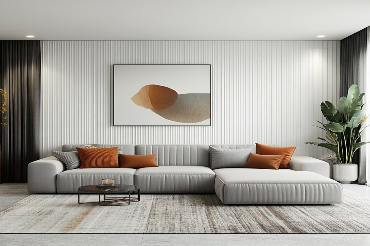 Contemporary Living Room Design With White Fluted Wall Paneling And Grey L-Shaped Sofa