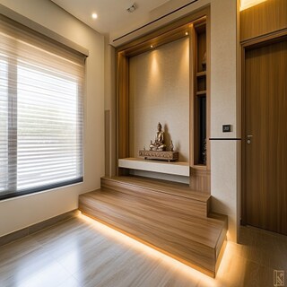 Contemporary Pooja Unit Design With Wooden Laminates