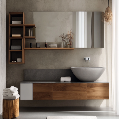 Modern White Small Bathroom Ideas With Slate Grey Bathroom Cabinet And Wooden Open Shelves