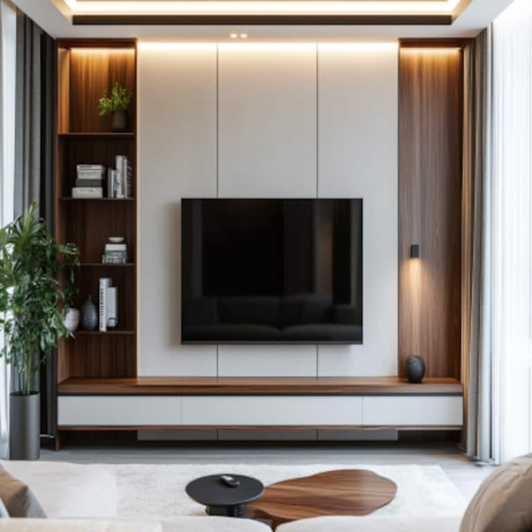 Modern Frosty White And Walnut-Toned TV Unit Design With Wooden Panels