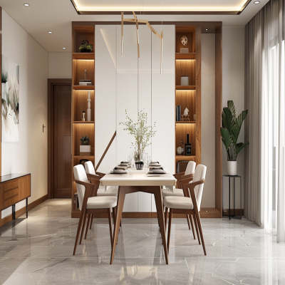Contemporary 6-Seater White And Wood Dining Room Design With Storage Unit