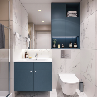 Contemporary White And Blue Small Bathroom Ideas With Grey 2-Door Vanity Unit