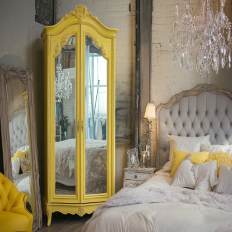 Shabby Chic Yellow And Wood 2-Door Swing Wardrobe Design With Mirror