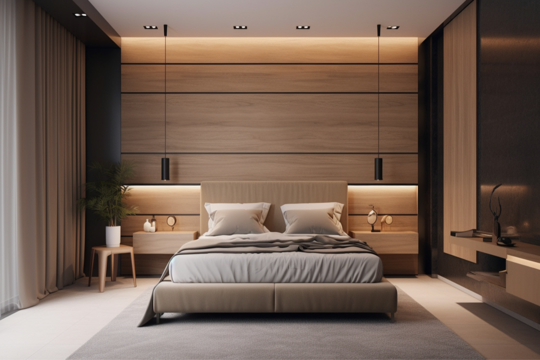 Curated visual reference: Gallery Detail: Modern Beige Bedroom Wall Paint Design With Textured Laminates