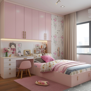 Modern Kids Bedroom Design For Girls With 2-Door Pink Wardrobe And Integrated Study Table