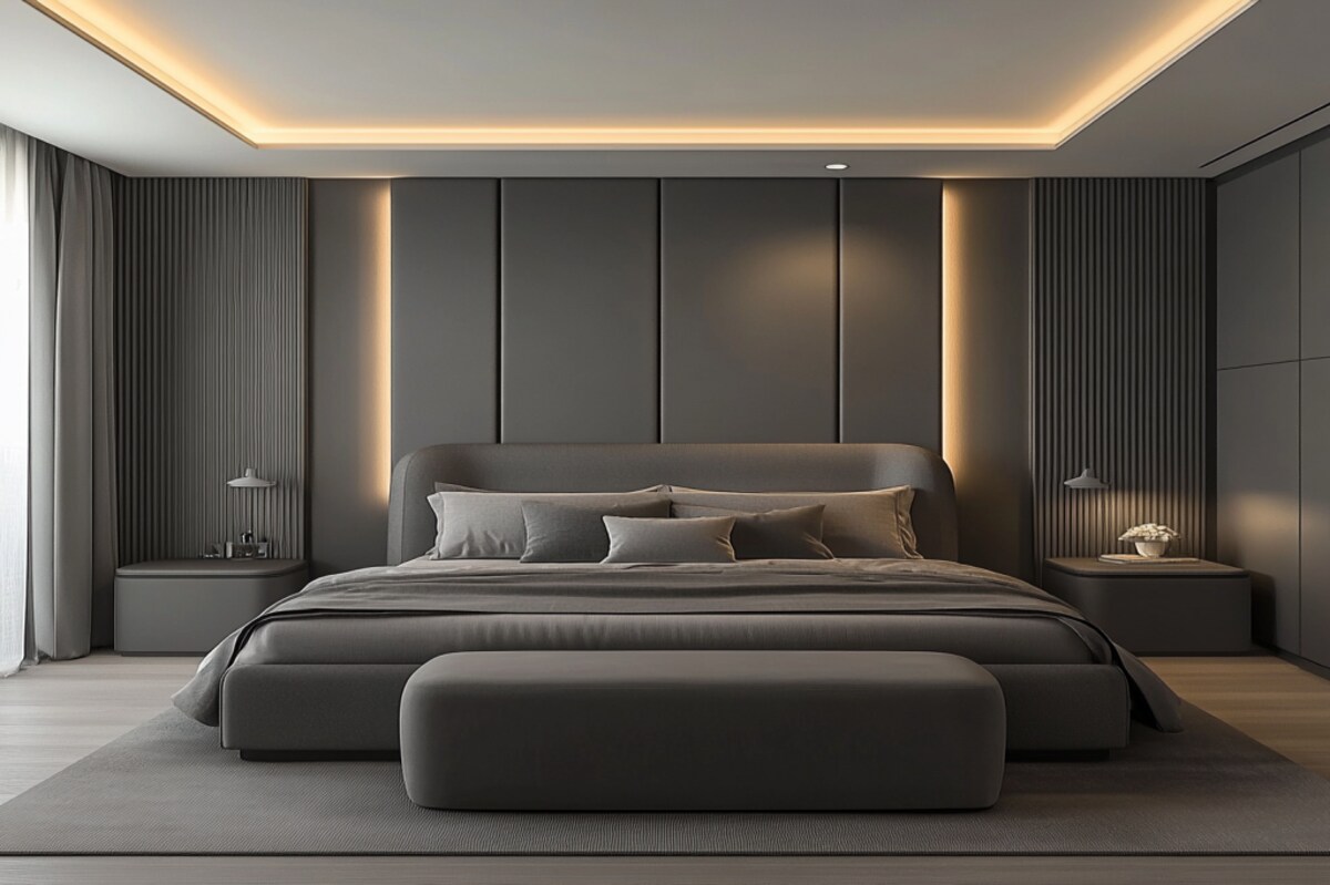 Contemporary Master Bedroom Design With Grey Panels