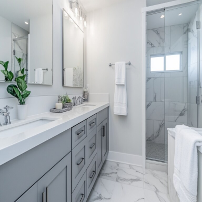 Modern Grey And White Bathroom Design With Grey Vanity Unit