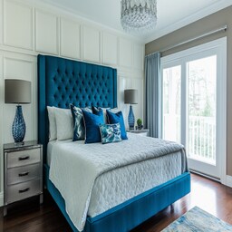 Modern Master Bedroom Design With Grey Tufted Bed And Textured Blue ...