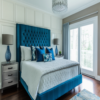 Contemporary Master Bedroom Design With Teal Blue Headboard