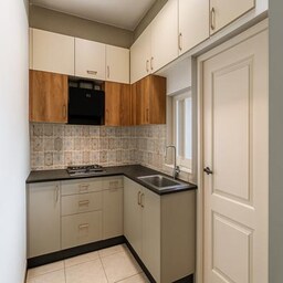 Contemporary Sage Green U Shaped Kitchen with Open Shelving