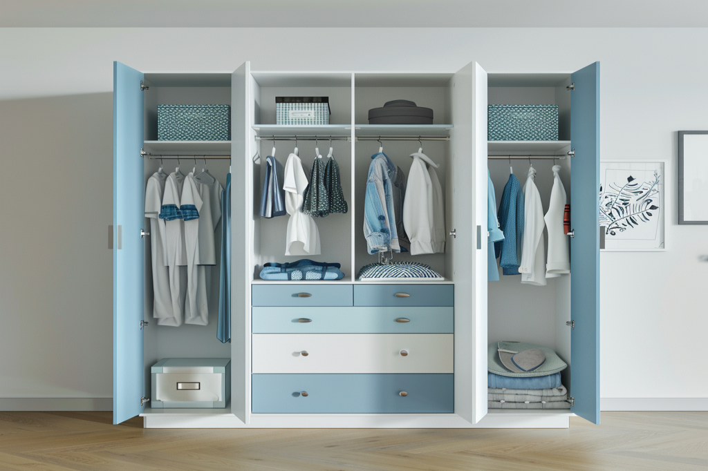 4-Door Shore Blue Contemporary Swing Wardrobe With Open Shelves And Drawer Units