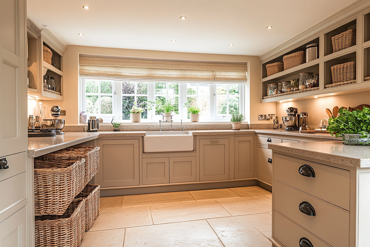 Modern Modular Open Champagne-Toned Kitchen Design With Wicker Baskets