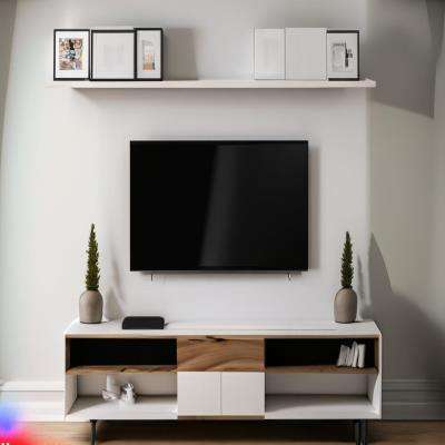 White and Wood Scandinavian Style TV Cabinet Stand with wall shelves