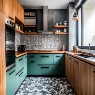 Ceramic Matte Modern Black-White Kitchen Dado Tiles With Brown And Sea-Green Cabinets