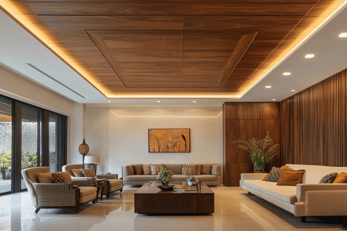 Modern Double-Layered False Ceiling Design With Wooden Panels