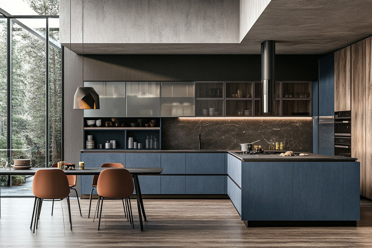 Contemporary Modular Blue L Shaped Regalia Kitchen Design With Frosted Glass Shutters