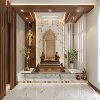 Contemporary Beige And Wood Mandir Design With Open Wooden Shelves