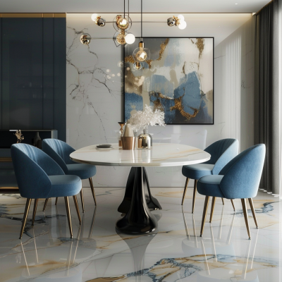 Contemporary 4-Seater White And Blue Dining Room Design And Beige Dining Floor Tiles