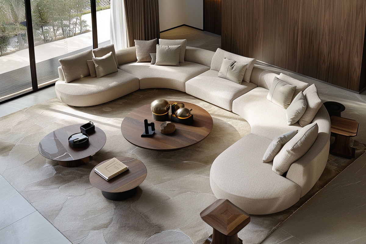 Contemporary Living Room Design With L-Shaped Beige Sofa And Circular Coffee Tables