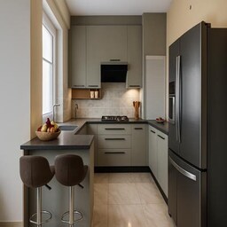 Medium Wooden Finish Modern L Shaped Modular Kitchen Design with Island ...