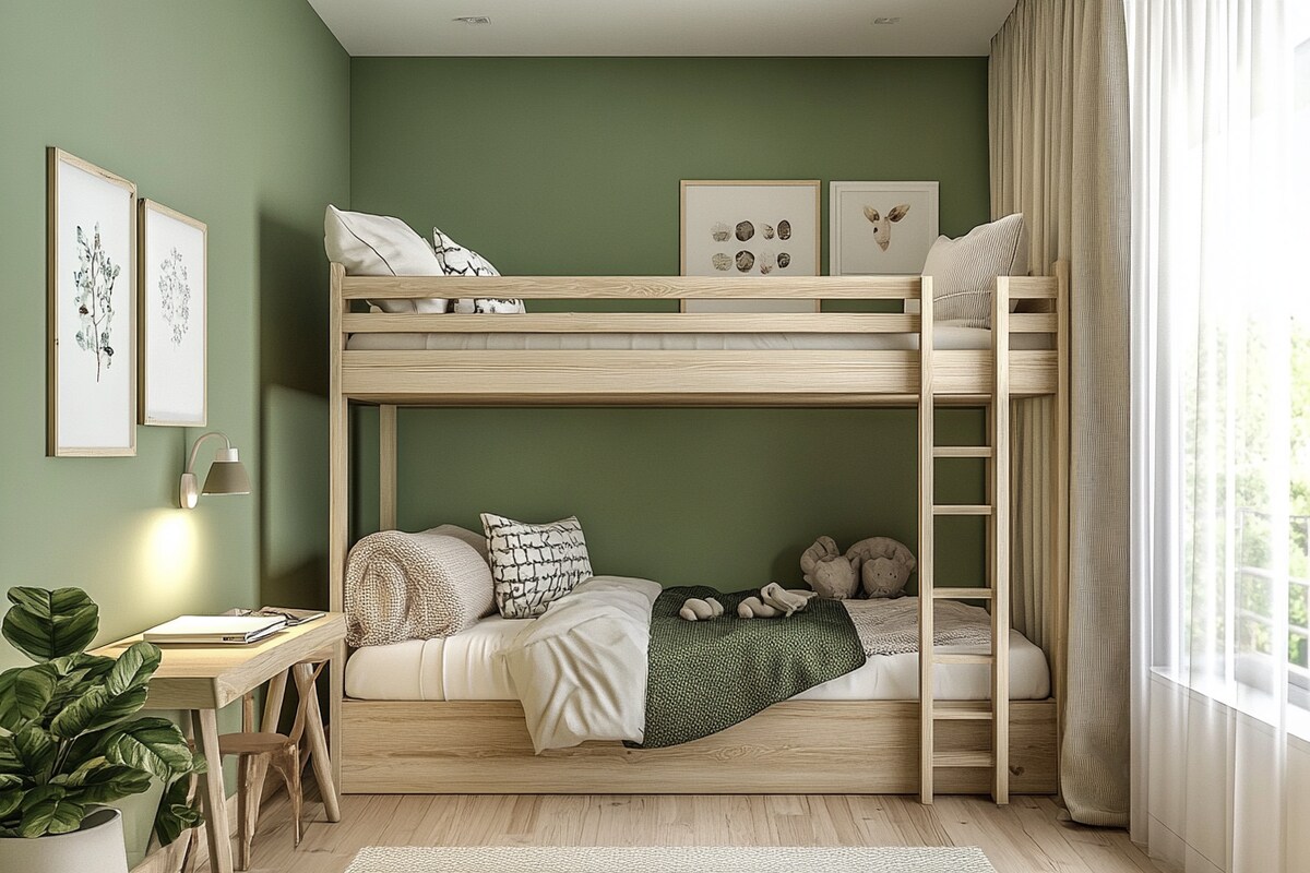 Scandinavian Kids Bedroom Design with Bunk Bed and Green Wall