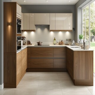 Irish Cream and Teak Contemporary L Shaped Kitchen Design