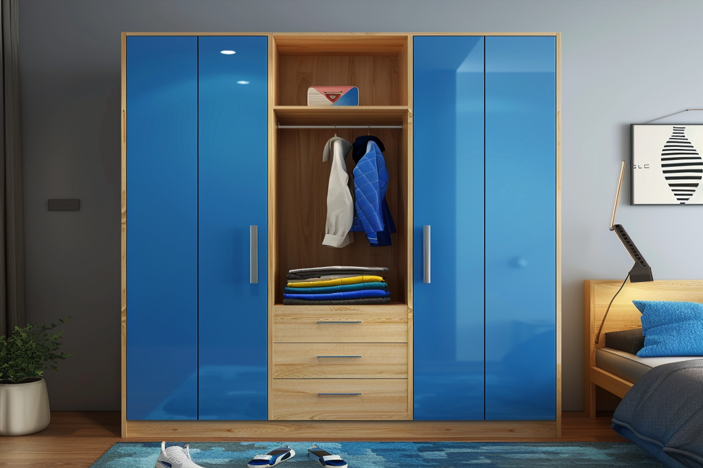 2-Door Contemporary Blue And Wood Swing Wardrobe Design