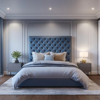 Modern Master Bedroom Design With King Bed and Blue Tufted Headboard