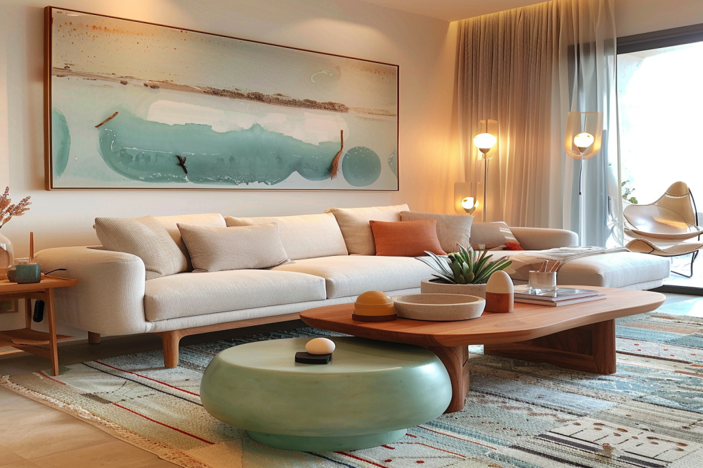 Eclectic Living Room Design With Beige Sofa And Sea-Green Seater