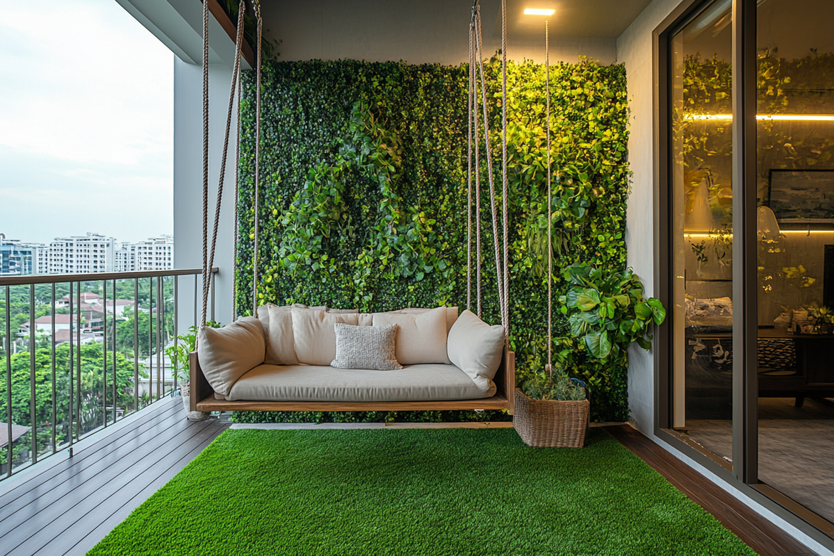 Modern Balcony Design with Green Grass Wall and Cosy Swing