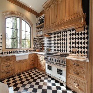 Contemporary White And Black Kitchen Tile Design With Wooden Kitchen Cabinets