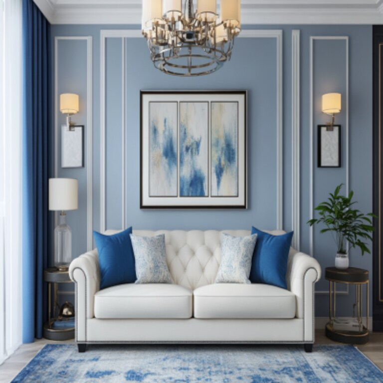 Classic Living Room Design with 2-Seater White Sofa and Blue Accents