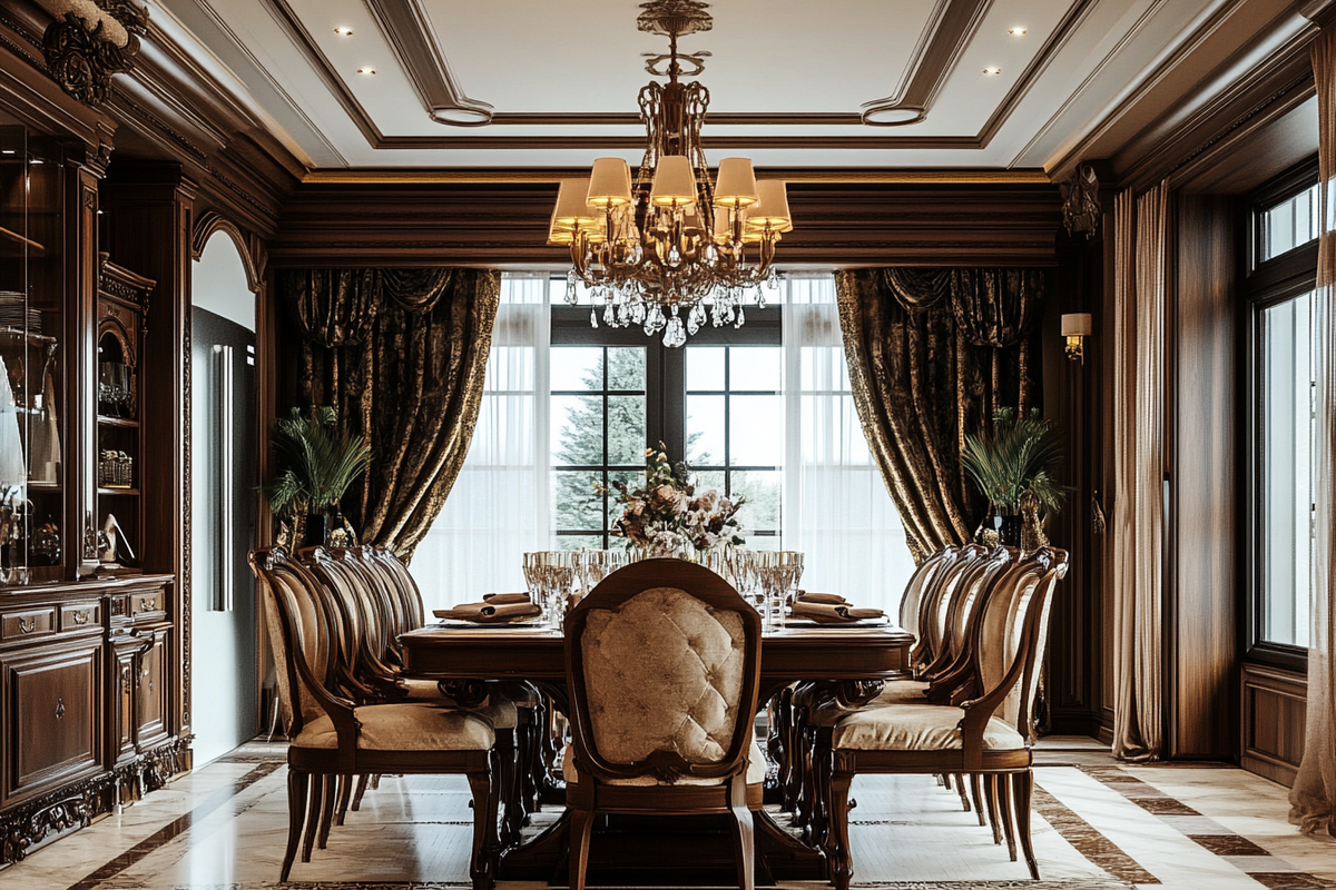 Traditional 8-Seater Wood And Jute Weave Dining Room Designs With Ornate Chandelier