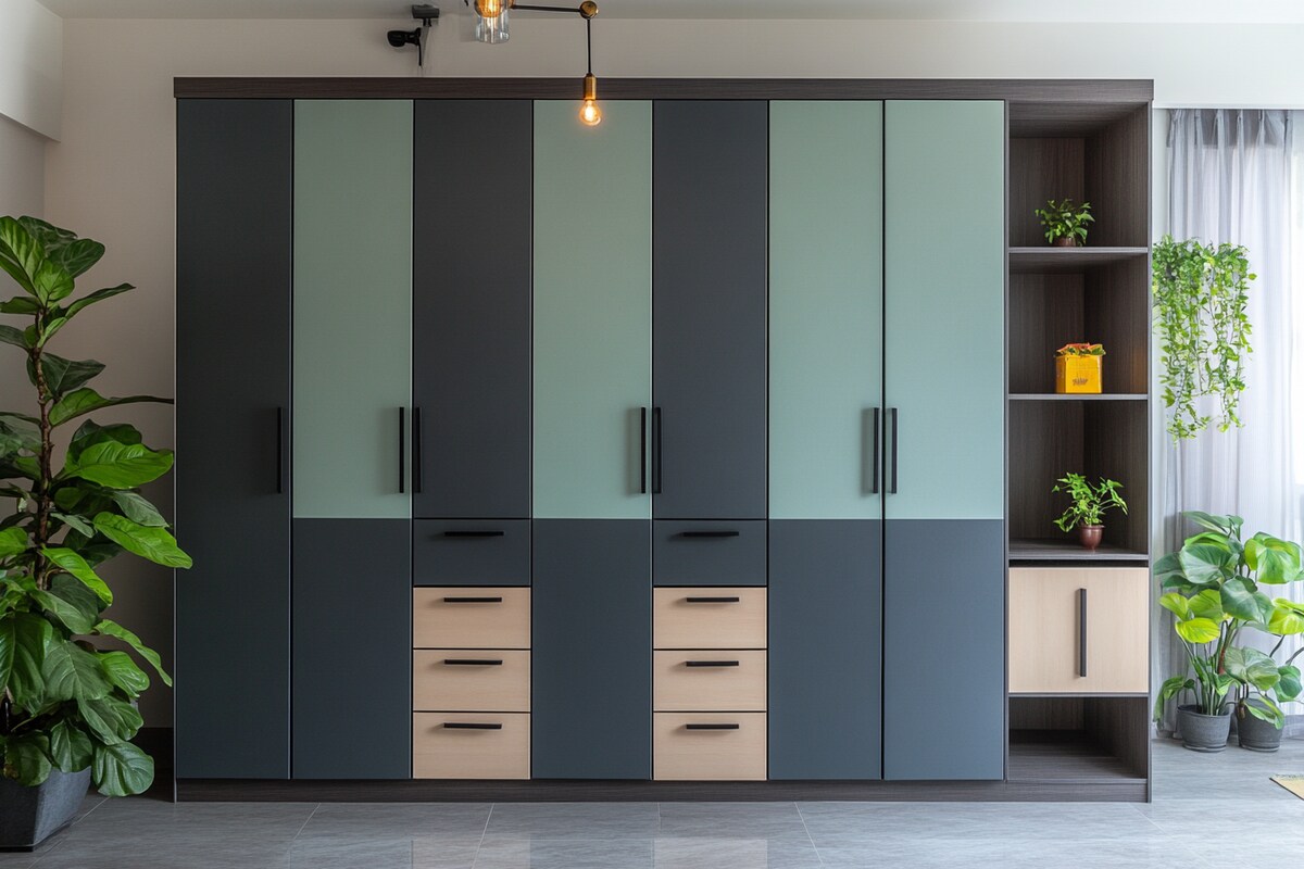 Industrial 9-Door Swing Wardrobe Design In Slate And Parakeet Tones Industrial 9-Door Swing Wardrobe Design In Slate And Parakeet Tones