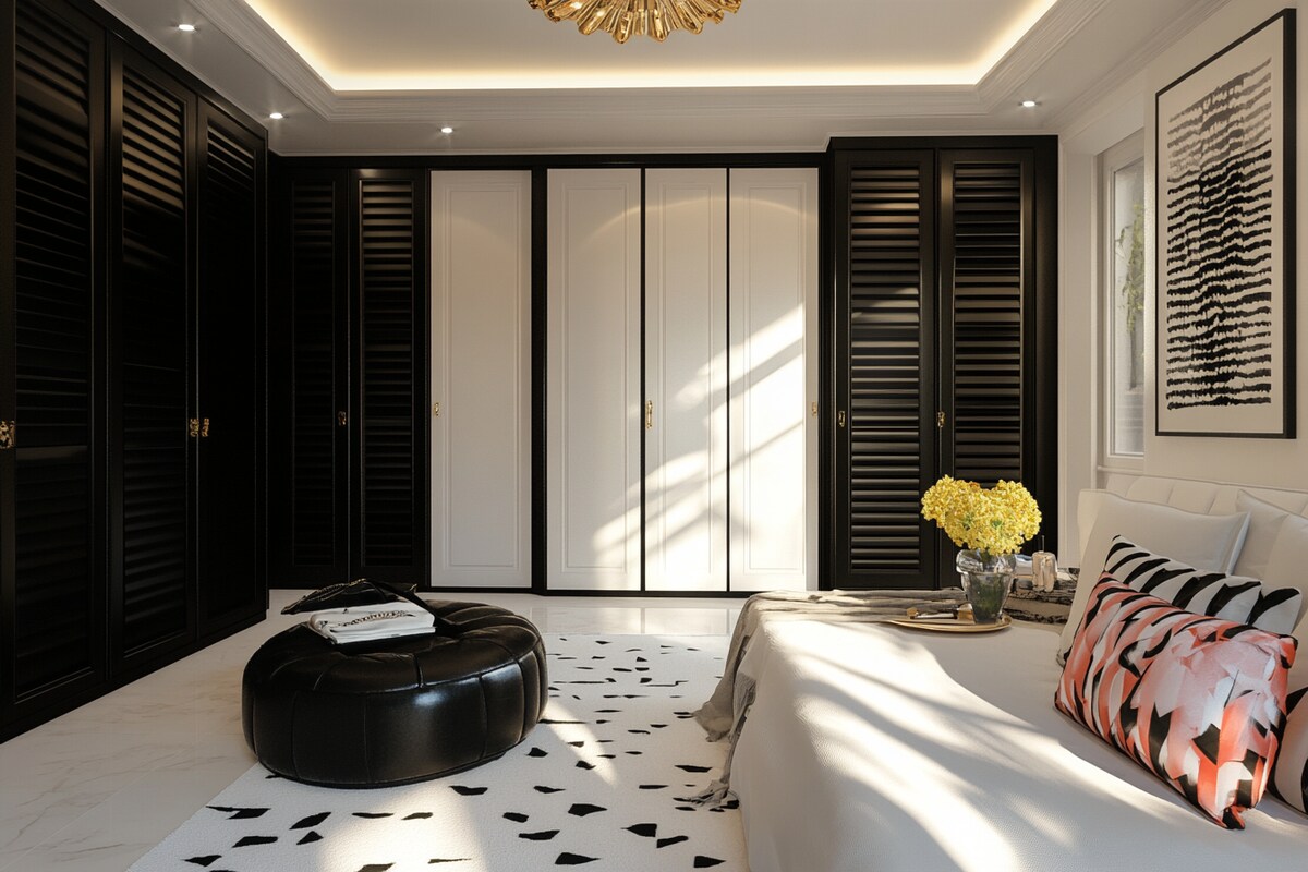 Contemporary 8 Door Swing Wardrobe Design With Glossy White And Black Shutters