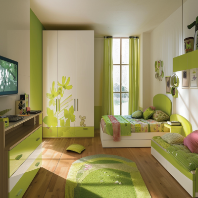 Contemporary Green And White Kids Bedroom Design With 3-door Swing Wardrobe